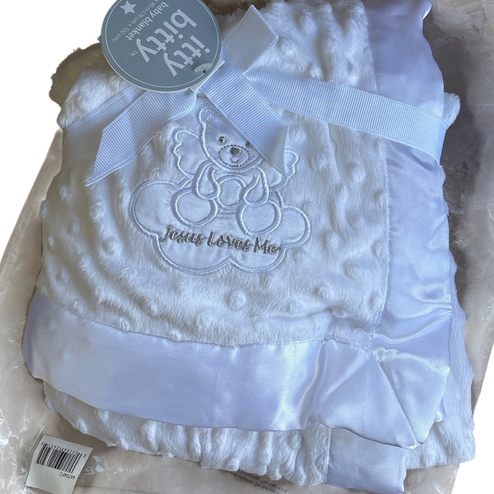 Baby Blanket White Jesus Loves Me Embroidered Teddy Bear Satin Trim NEW